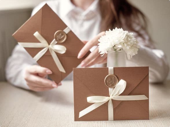 Zdjęcie przedstawia dwie elegancko zapakowane koperty w brązowym kolorze, przewiązane beżowymi wstążkami zawiązanymi w kokardki. Każda koperta ma pieczęć lakową w złotym kolorze. Jedna z kopert oparta została o mały wazonik z białym kwiatem, a druga jest trzymana w dłoniach przez osobę ubraną na biało, która znajduje się w tle.